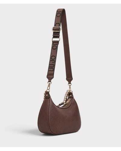 Bolso hobo Liu Jo marrón metalizado colgado de la correa ancha de jacquard marrón con el logo