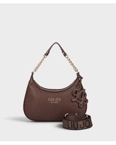 Bolso hobo media luna Liu Jo marrón metalizado de frente, con logo dorado, charm LJ y correa de logo al lado
