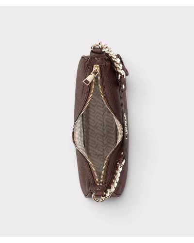 Bolso hobo Liu Jo marrón abierto desde arriba, con cremallera dorada y forro beige con monograma