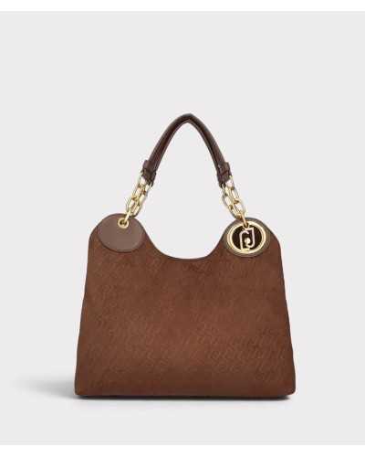 Bolso de hombro Liu Jo marrón efecto ante de frente, con monograma en relieve, asas de cadena dorada y anilla con logo LJ