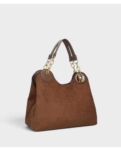 Bolso Liu Jo marrón efecto ante en tres cuartos, con monograma en relieve, asas de cadena dorada y anilla con logo LJ