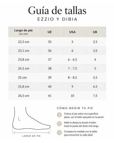 Guía de tallas Ezzio y Dibia con largo de pie en cm y equivalencias UE, USA y UK