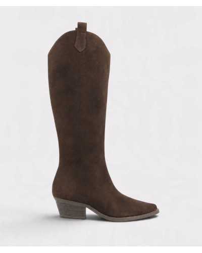 Bota cowboy alta Joni de ante marrón chocolate, vista lateral