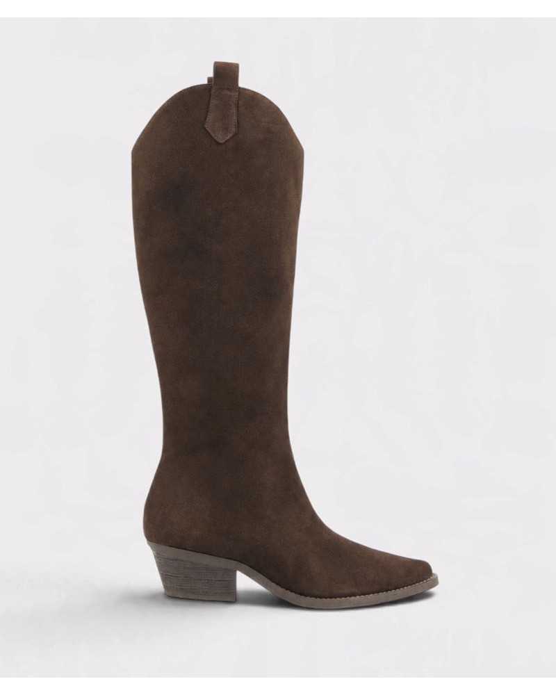 Bota cowboy alta Joni de ante marrón chocolate, vista lateral