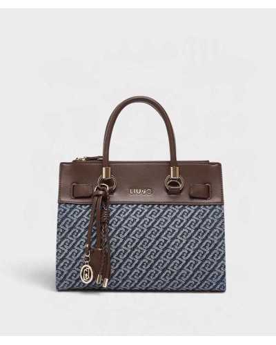 Bolso satchel pequeño Liu Jo de denim azul con monograma y asas marrones, vista frontal