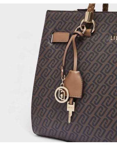 Detalle del monograma y el llavero con medallón y llave dorados del bolso Liu Jo