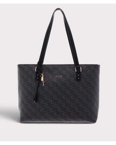 Bolso tote grande Liu Jo negro con monograma gris y colgante de candado, vista frontal