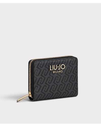 Cartera Liu Jo negra con monograma en tres cuartos, con la cremallera dorada a la vista