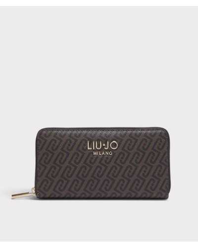 Cartera grande Liu Jo marrón oscuro con monograma LJ negro y logo LIU·JO MILANO dorado, de frente