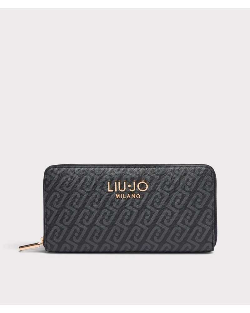 Cartera grande Liu Jo negra con monograma gris y logo LIU·JO MILANO dorado, de frente Cartera grande Liu Jo negra con monograma gris y logo LIU·JO MILANO dorado, de frente