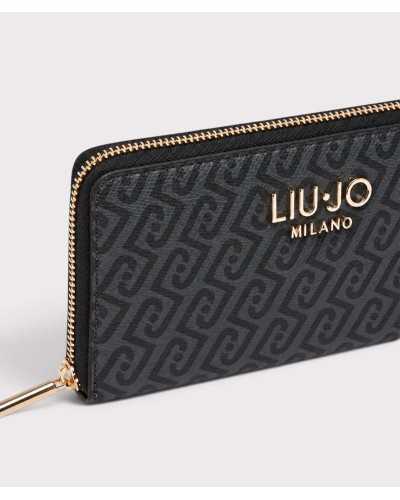 Cartera grande Liu Jo negra con monograma en tres cuartos, con la cremallera dorada