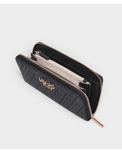 Cartera Liu Jo negra abierta vista desde arriba, con interior negro y monedero central forrado en beige
