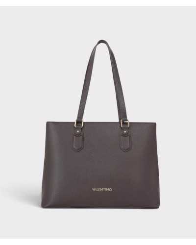 Bolso shopper Brixton de Valentino Bags marrón oscuro, vista frontal con logo dorado