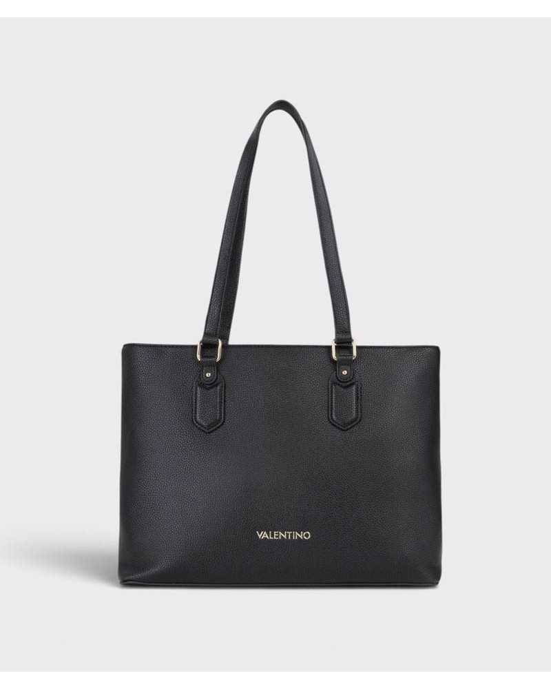 Bolso shopper Brixton de Valentino Bags negro, vista frontal con logo dorado Bolso shopper Brixton de Valentino Bags negro, vista frontal con logo dorado