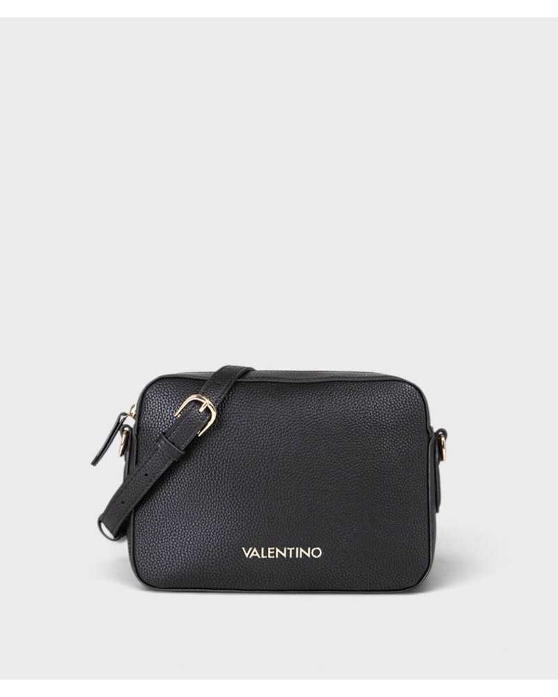 Bolso bandolera Brixton de Valentino Bags negro, vista frontal con correa y logo dorado