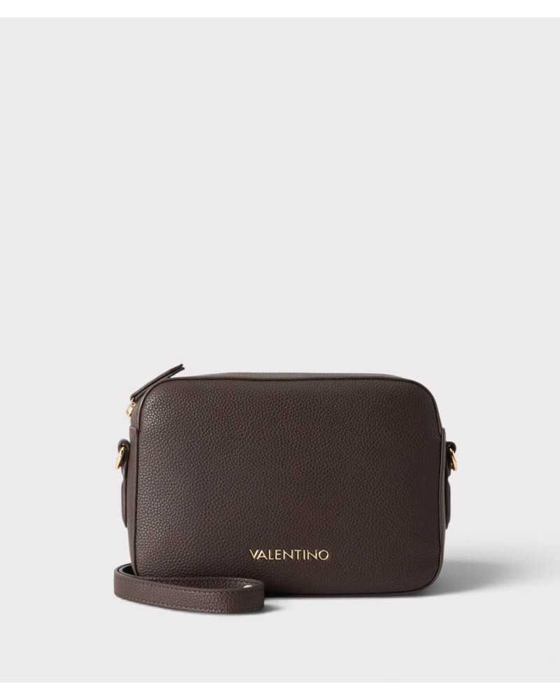 Bolso bandolera Brixton de Valentino Bags marrón oscuro, vista frontal con logo dorado