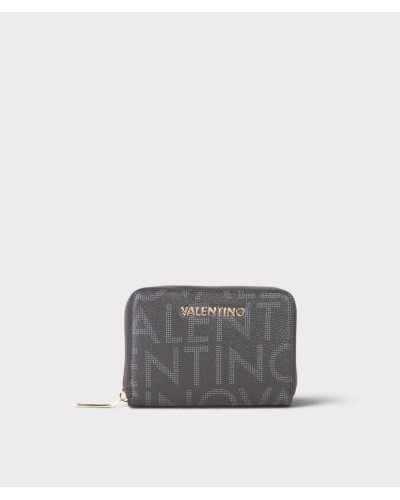 Cartera pequeña Regina de Valentino Bags en antracita, vista frontal con logo dorado y letras grises estampadas