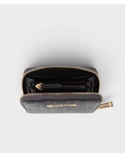 Cartera Regina de Valentino Bags abierta, interior negro con departamentos de fuelle y monedero con cremallera