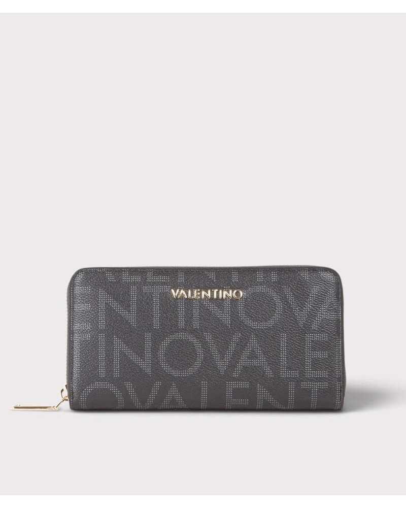 Cartera grande Regina de Valentino Bags en antracita, vista frontal con logo dorado y letras grises estampadas Cartera grande Regina de Valentino Bags en antracita, vista frontal con logo dorado y letras grises estampadas