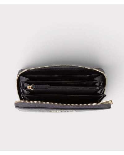 Cartera grande Regina abierta, interior negro con huecos para tarjetas, departamentos de fuelle y monedero con cremallera