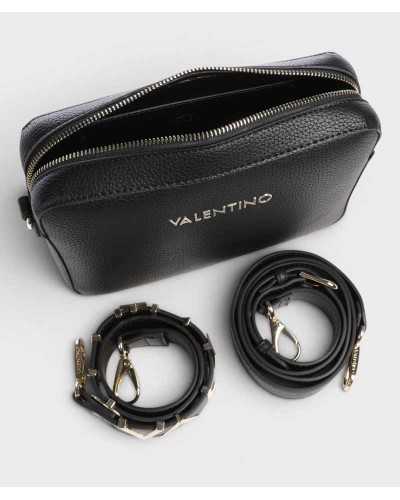 Bandolera Alexia negra abierta, con sus dos correas desmontables al lado