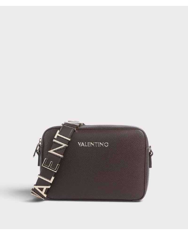 Bolso bandolera Alexia de Valentino Bags marrón chocolate con logo dorado y correa de letras VALENTINO