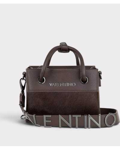 Bolso Alexia Winter marrón con la correa ancha de letras VALENTINO plateadas