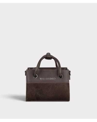 Bolso de mano Alexia Winter de Valentino Bags marrón chocolate con panel de pelo corto y logo plateado